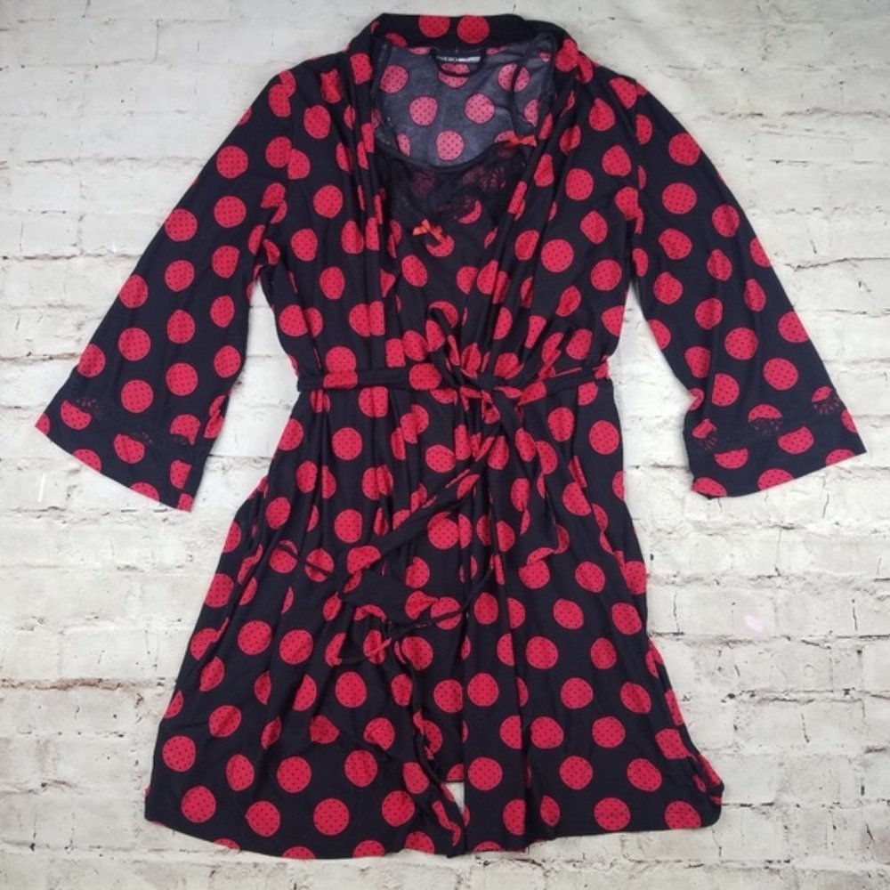Studio Donatella Chemise Robe Set Red Black Nightgown Sexy Pajamas Polka Dot L